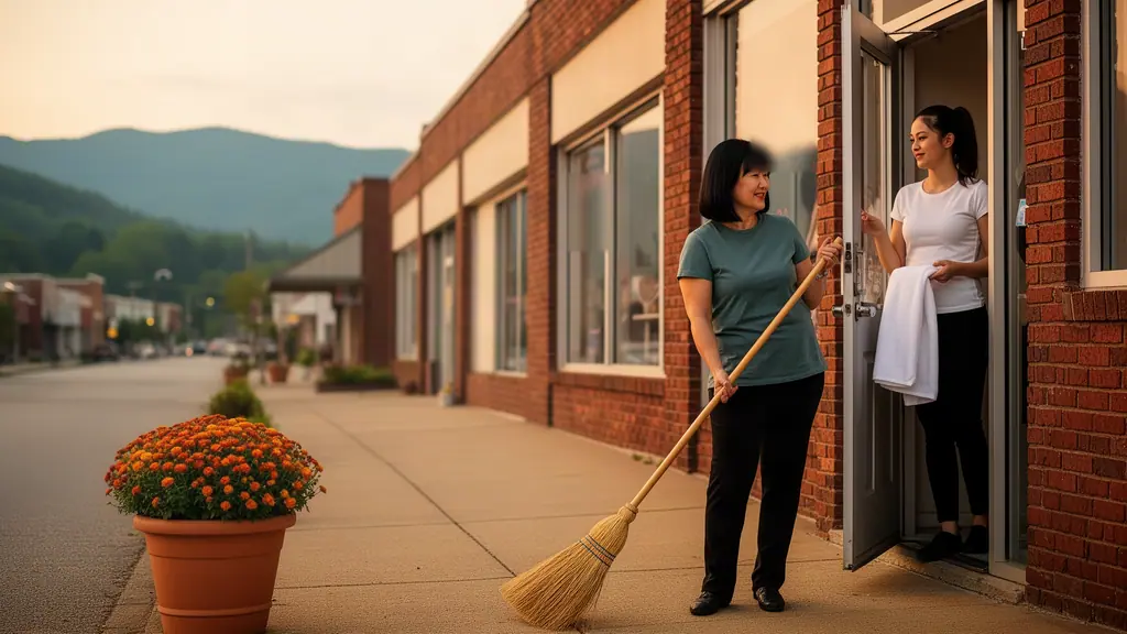 A nail-salon owner sweeping the sidewalk outside her brick storefront, chatting with a technician in the doorway.